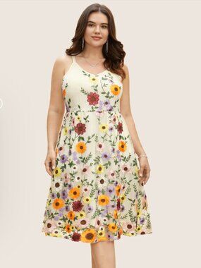 NWT Bloomchic V Neck Floral Embroidered Mesh Cami A Line Dress Ivory US 10 / M